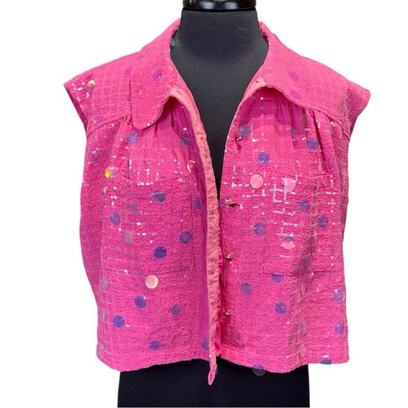 Queen of Sparkles Hot Pink Checker Sequin Sleeveless Jacket Size S - Picture 5 of 8